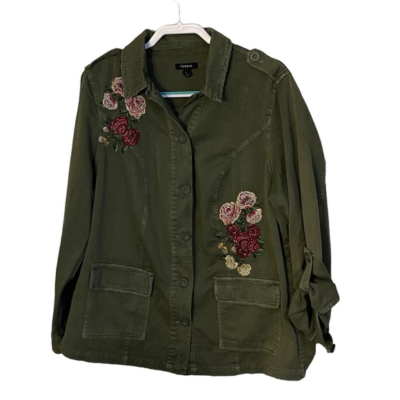 Torrid Jacket Green Button Up Jean Embroidered Roses Womens 1X - Picture 2 of 7